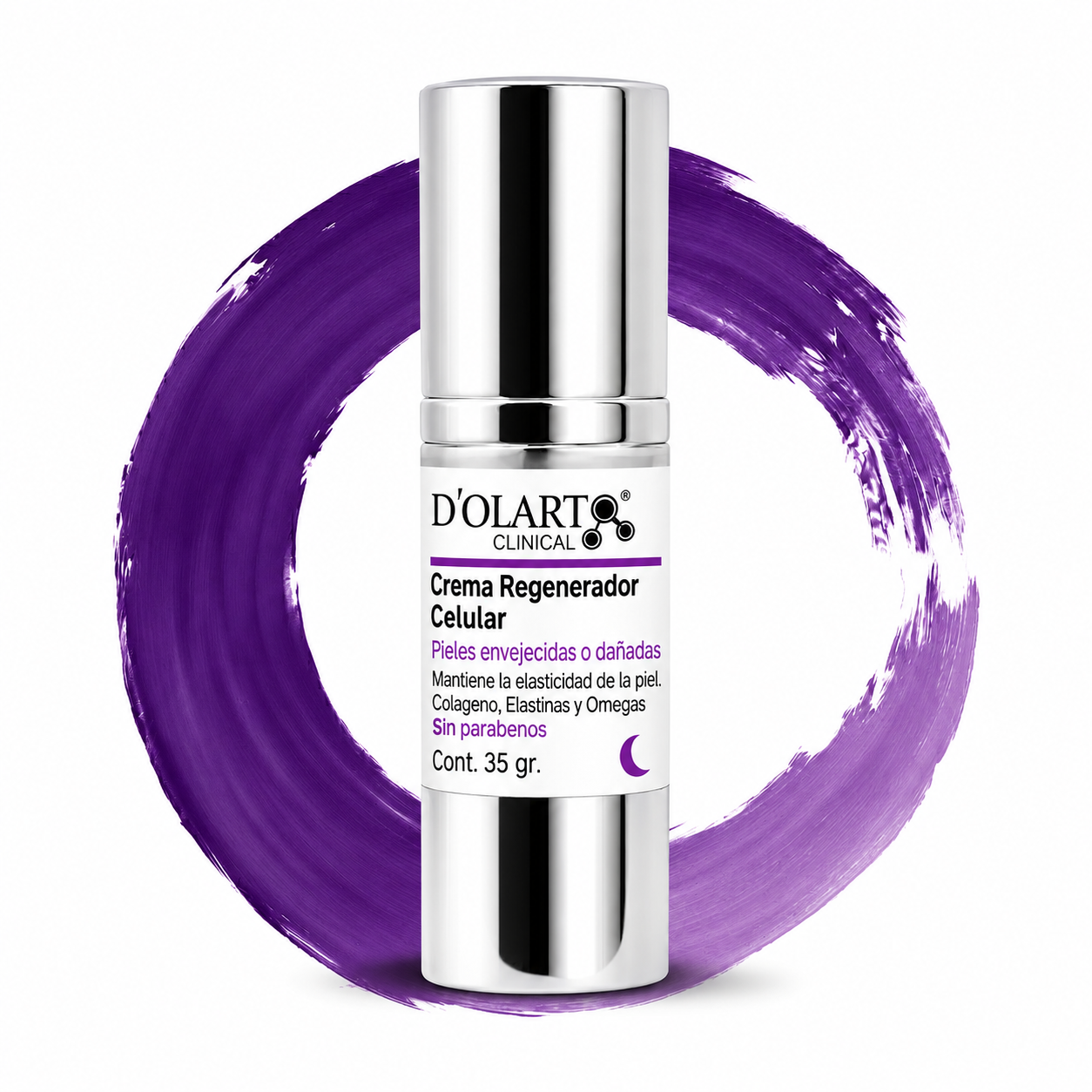 Envase de Crema Regenerador Celular D'Olart Clinical para uso nocturno, formulada para pieles envejecidas o dañadas con colágeno, elastina y omegas, sobre fondo púrpura.